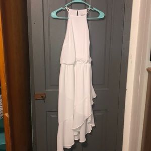 High Neck Asymmetrical Ruffle Wrap Midi Dress